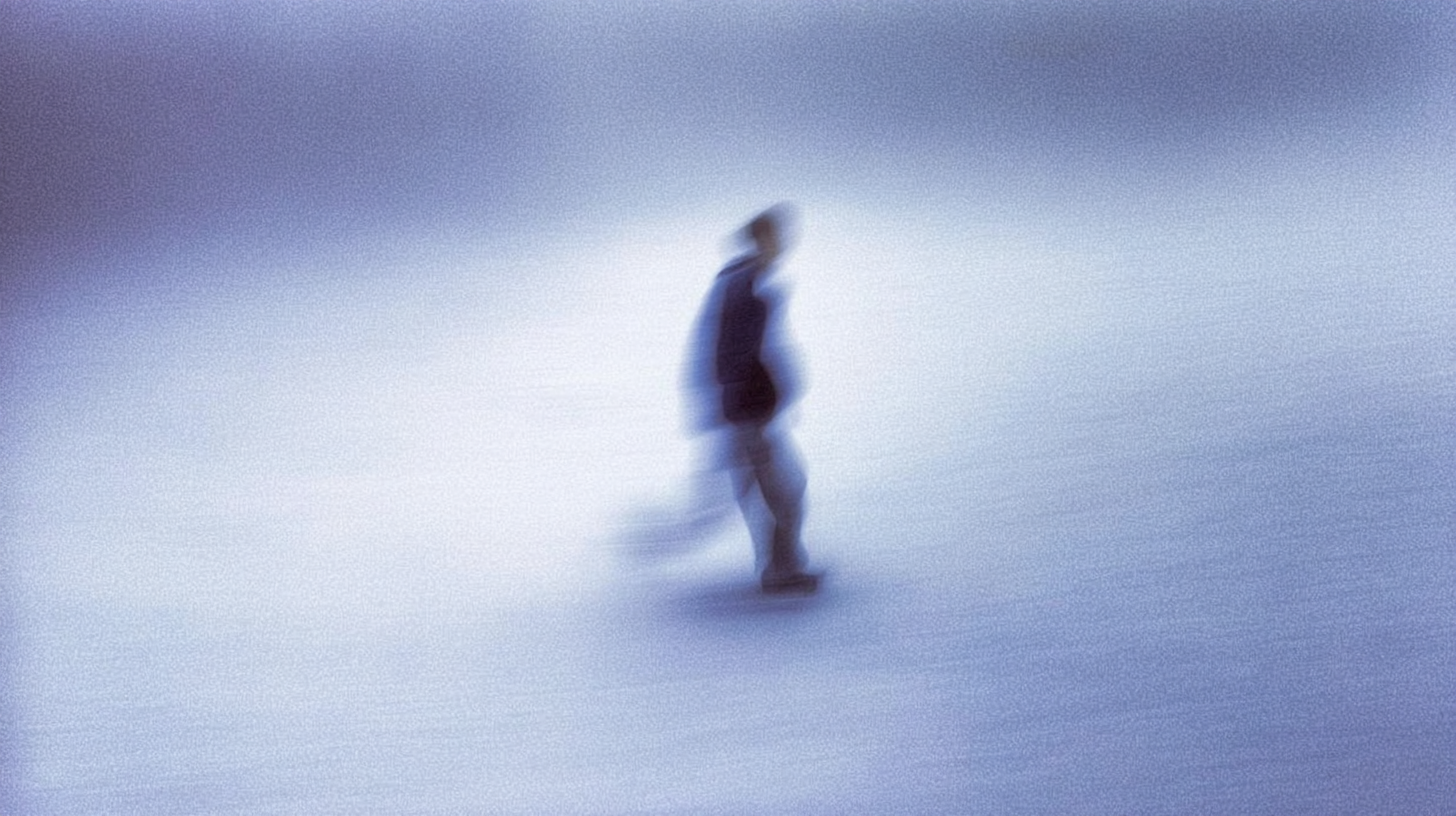 Fotografía conceptual minimalista de una figura humana desenfocada caminando sobre una superficie uniforme en tonos azulados