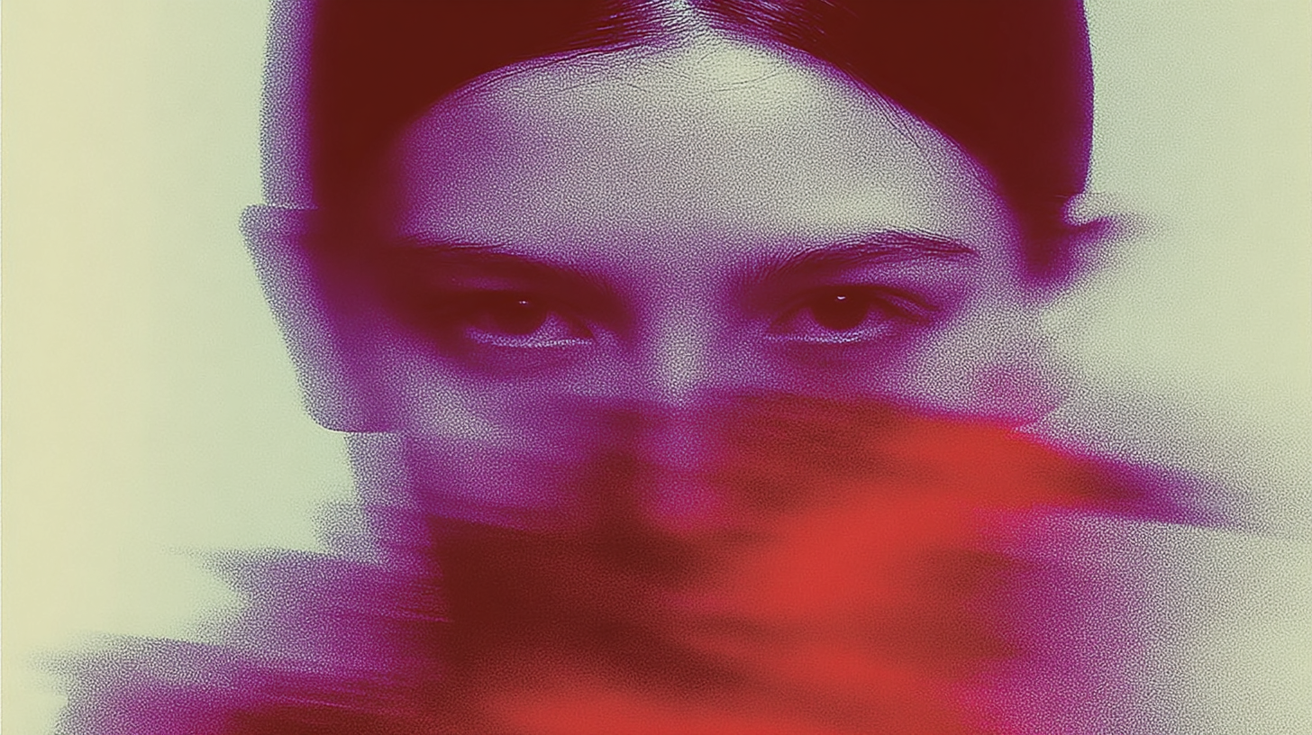 Retrato editorial de una mujer mirando a la cámara, superposición artística de manchas difusas en tonos magenta que cubren el rostro