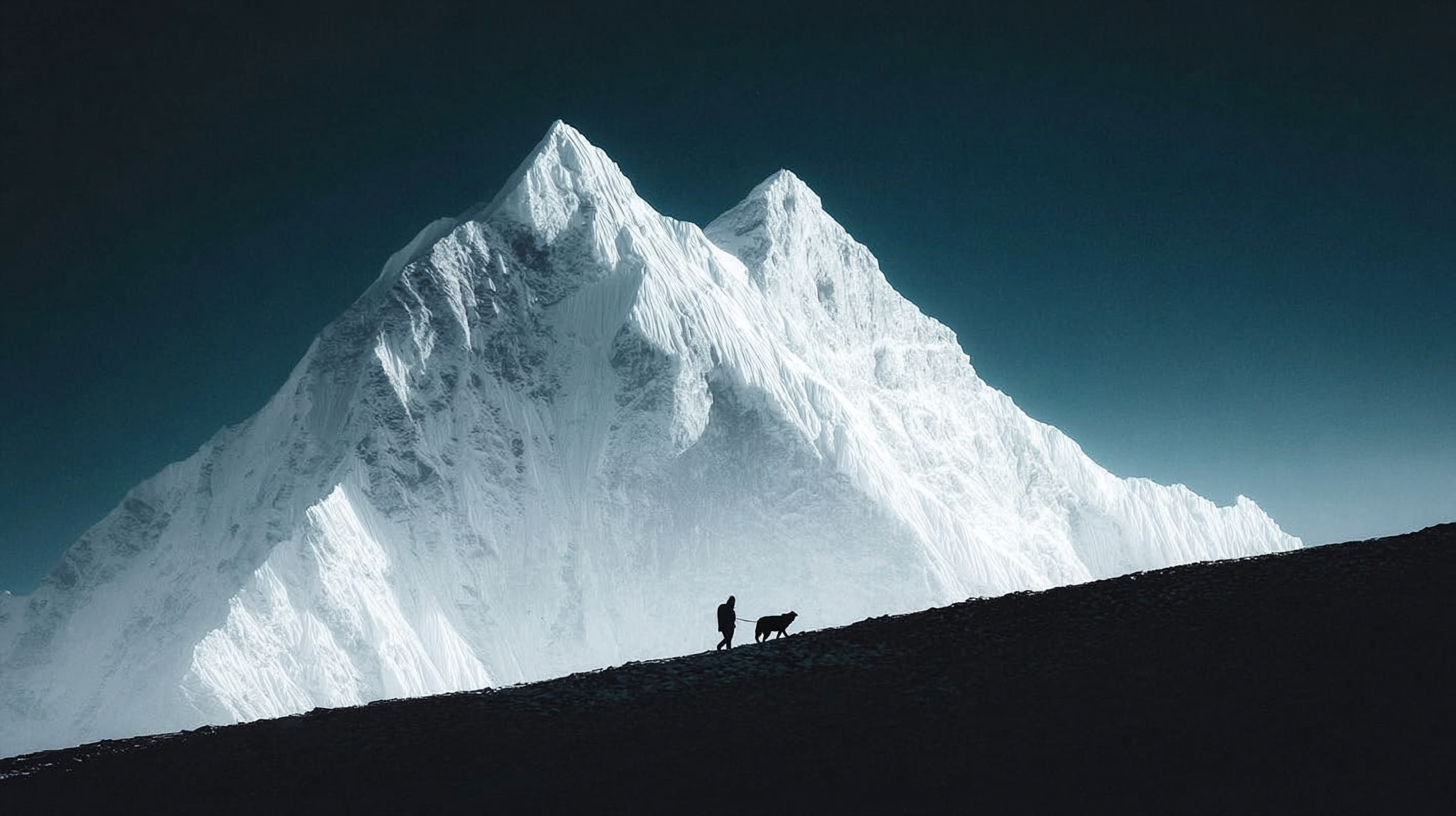 Fotografía de montaña nevada imponente, silueta de una persona y un perro iluminados por una luz fría bajo un cielo azul profundo