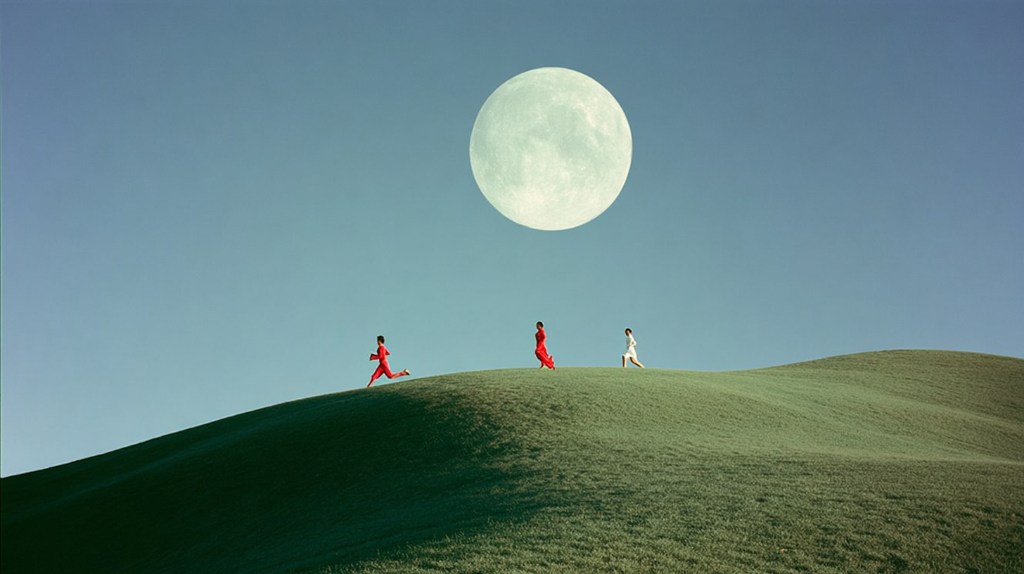 Paisaje surrealista de una colina verde, persona corriendo bajo un cielo azul claro, luna llena enorme y luminosa en el horizonte